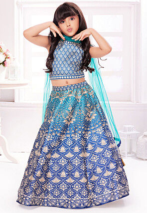 Digital Printed Polyester Lehenga in Blue