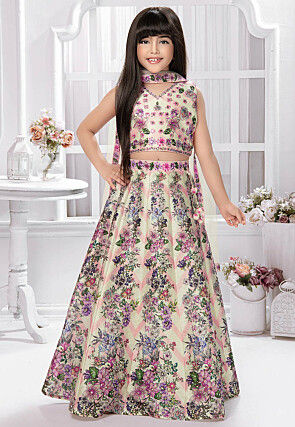 Digital Printed Polyester Lehenga in Cream