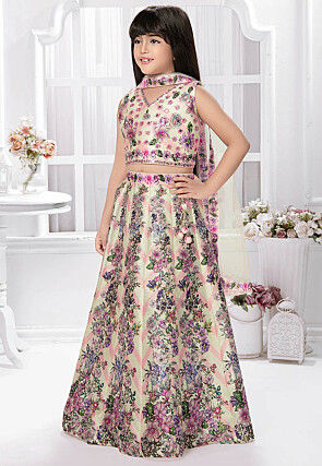 Digital Printed Polyester Lehenga in Cream