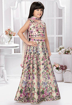 Digital Printed Polyester Lehenga in Cream