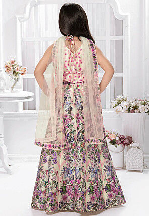 Digital Printed Polyester Lehenga in Cream