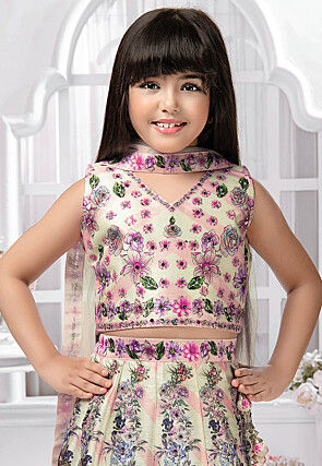 Digital Printed Polyester Lehenga in Cream