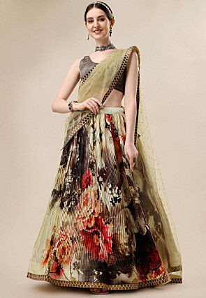 Digital Printed Polyester Lehenga in Light Green and Multicolor