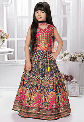 Digital Printed Polyester Lehenga in Navy Blue