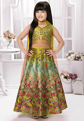 Digital Printed Polyester Lehenga in Olive Green