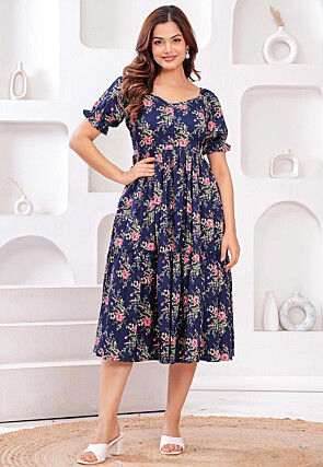 Digital Printed Polyester Midi Dress in Navy Blue