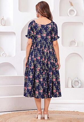 Digital Printed Polyester Midi Dress in Navy Blue