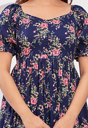 Digital Printed Polyester Midi Dress in Navy Blue