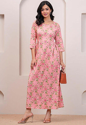 Digital Printed Polyester Midi Dress in Pink