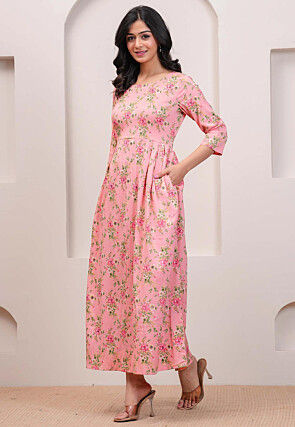 Digital Printed Polyester Midi Dress in Pink