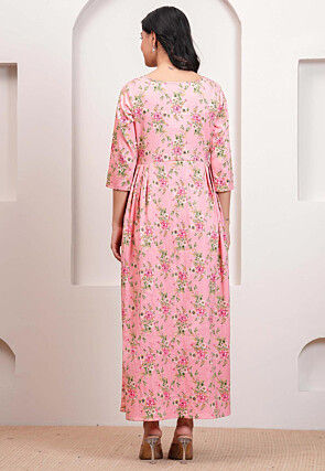 Digital Printed Polyester Midi Dress in Pink