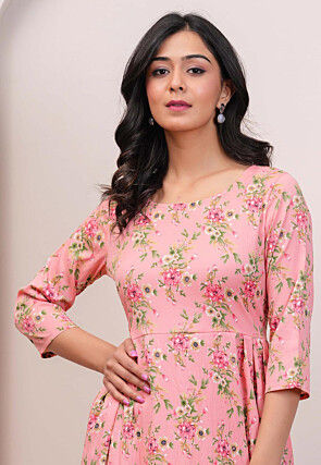 Digital Printed Polyester Midi Dress in Pink