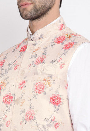 Digital Printed Polyester Nehru Jacket in Baby Pink