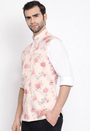 Digital Printed Polyester Nehru Jacket in Baby Pink