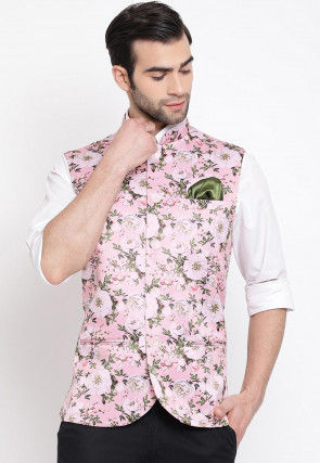 Digital Printed Polyester Nehru Jacket in Pink