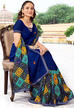 Digital Printed Polyester Saree in Blue