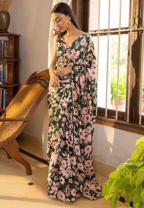 Digital Printed Polyester Saree in Dark Green