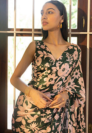 Digital Printed Polyester Saree in Dark Green