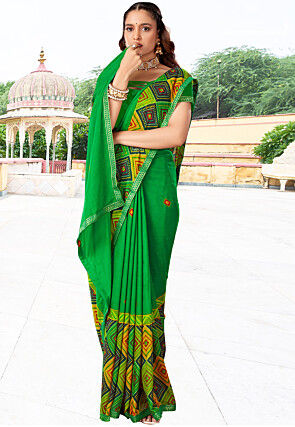 Digital Printed Polyester Saree in Green