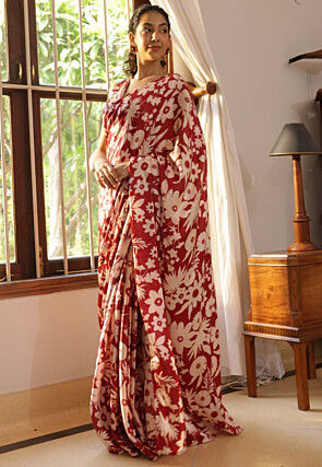 Digital Printed Polyester Saree in Maroon