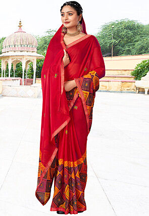 Digital Printed Polyester Saree in Red