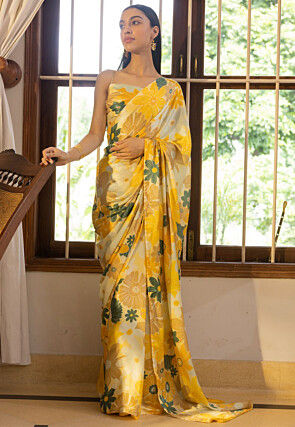 Digital Printed Polyester Saree in Yellow