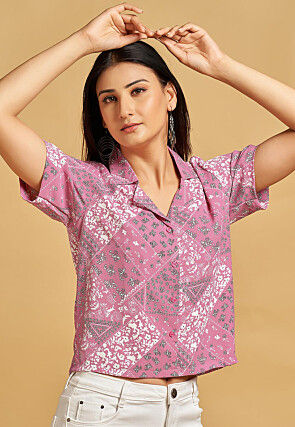 Digital Printed Polyester Shirt Style Top in Pink