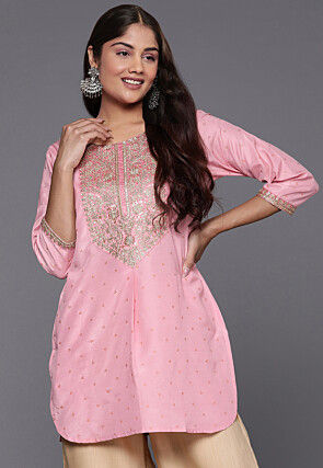 Embroidered Polyester Kurti in Pink