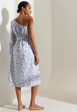 Digital Printed Polyester Side Slit Midi Dress in White