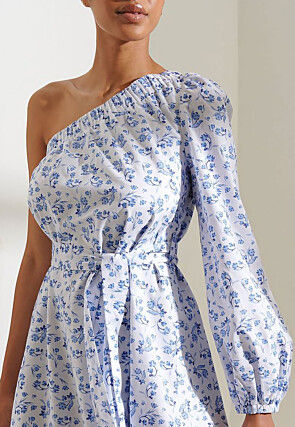 Digital Printed Polyester Side Slit Midi Dress in White