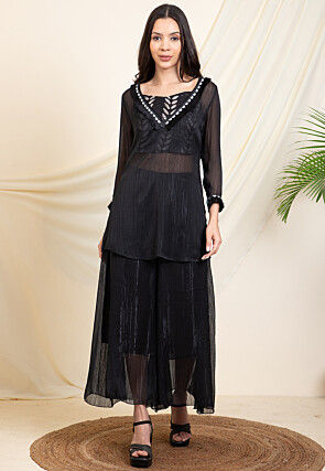 Digital Printed Polyester Tunic Set in Black