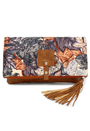 Digital Printed PU Rectangular Clutch Bag in Grey and Brown