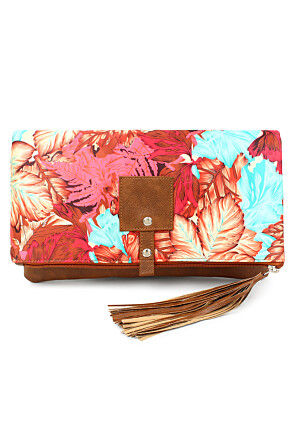 Digital Printed PU Rectangular Clutch Bag in Multicolor and Brown