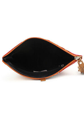 Digital Printed PU Rectangular Clutch Bag in Multicolor and Brown