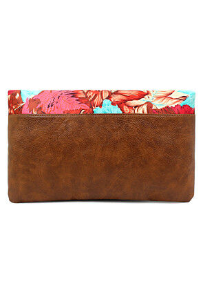 Digital Printed PU Rectangular Clutch Bag in Multicolor and Brown