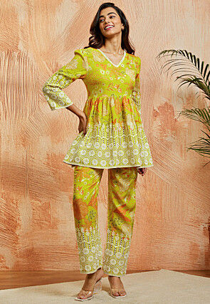 Digital Printed Pure Chanderi Cotton Co Ord Set in Green
