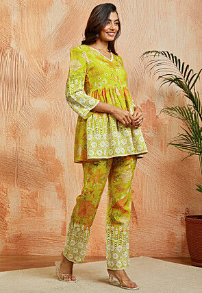 Digital Printed Pure Chanderi Cotton Co Ord Set in Green