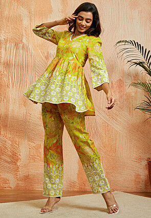 Digital Printed Pure Chanderi Cotton Co Ord Set in Green