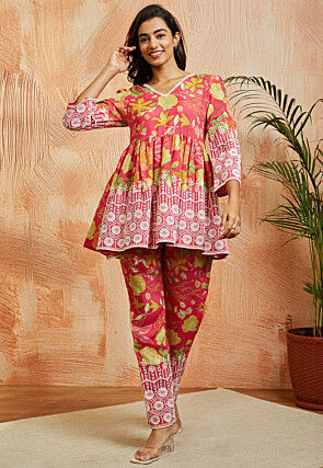 Digital Printed Pure Chanderi Cotton Co Ord Set in Pink