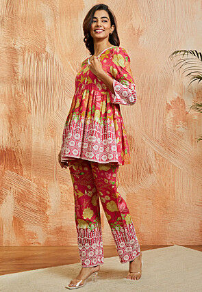 Digital Printed Pure Chanderi Cotton Co Ord Set in Pink