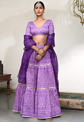 Digital Printed Pure Chanderi Silk Lehenga in Light Purple