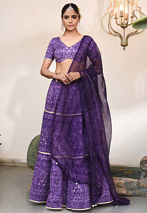 Digital Printed Pure Chanderi Silk Lehenga in Purple