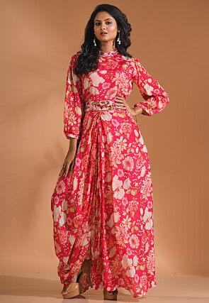 Digital Printed Pure Chiffon Cowl Dress in Fuchsia