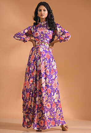 Digital Printed Pure Chiffon Cowl Dress in Purple