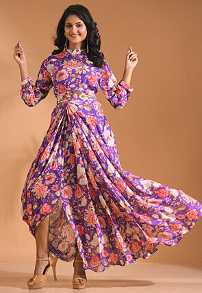 Digital Printed Pure Chiffon Cowl Dress in Purple