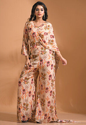 Digital Printed Pure Chiffon Crop Top Set in Light Beige