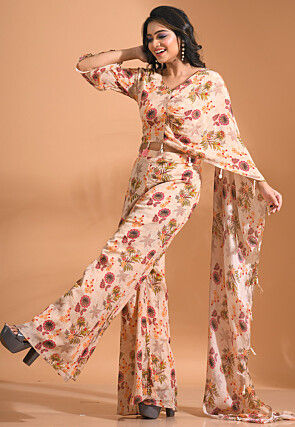 Digital Printed Pure Chiffon Crop Top Set in Light Beige