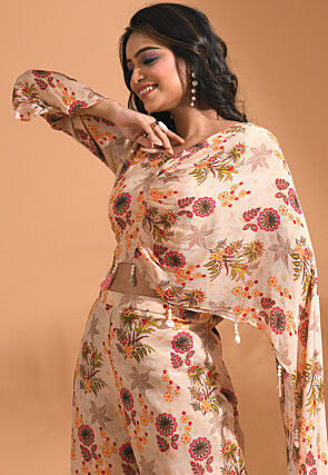 Digital Printed Pure Chiffon Crop Top Set in Light Beige