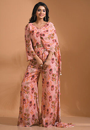 Digital Printed Pure Chiffon Crop Top Set in Pink