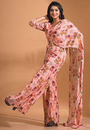 Digital Printed Pure Chiffon Crop Top Set in Pink